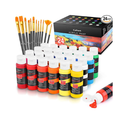 Caliart Acrylic Paint Set With 12 Brushes, 24 Colors