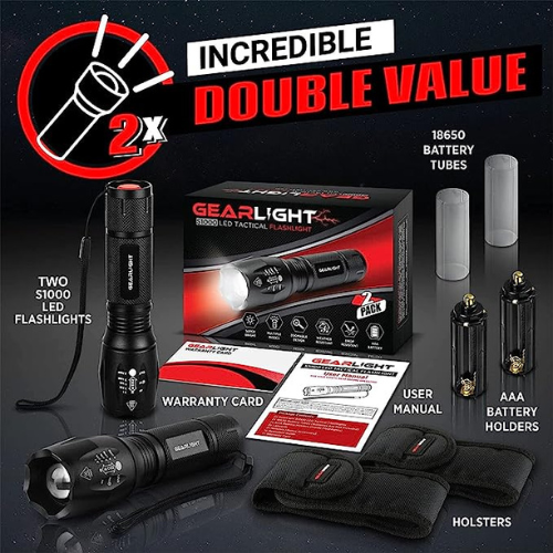 GearLight LED Flashlight 2pack Bright, Zoomable Tactical Flashlights